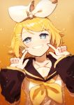  1girl absurdres bangs black_collar black_sleeves blonde_hair blue_eyes bow collar collarbone commentary detached_sleeves doodle fingers_to_cheeks grin hair_bow hair_ornament hairclip headphones highres index_finger_raised kagamine_rin light_blush looking_at_viewer neckerchief orange_background pointing pointing_at_self sailor_collar school_uniform shirt short_hair sleeveless sleeveless_shirt smile solo swept_bangs symbol_commentary treble_clef upper_body vocaloid white_bow white_shirt yamada_ichi yellow_neckwear 