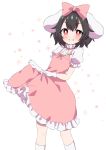  1girl alternate_costume animal_ears blush bow bright_pupils bunny_ears commentary_request dress feet_out_of_frame floral_background gloves grin hair_between_eyes hair_bow high_collar highres inaba_tewi kneehighs leaning_back lifted_by_self looking_at_viewer petticoat pin pinafore_dress pink_bow pink_dress puffy_short_sleeves puffy_sleeves red_eyes shirt short_sleeves skirt skirt_lift smile solo standing touhou tsukimirin uneven_eyes white_background white_gloves white_legwear white_pupils white_shirt 