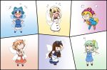  &gt;_&lt; 6+girls :i =_= american_flag_legwear american_flag_shirt apron bangs beret blonde_hair blue_dress blue_footwear blue_hair blue_skirt blue_vest blunt_bangs bow bowtie brown_hair chestnut_mouth chibi cirno clownpiece commentary_request cravat crying daiyousei dress drill_hair eighth_note fairy_wings flying_teardrops green_hair hair_bow hair_ribbon hand_on_own_chin hand_on_own_forehead hands_in_hair hands_on_hips hands_on_own_face hat headdress jester_cap laughing leaning_forward long_hair looking_down luna_child mary_janes multiple_girls musical_note open_mouth pantyhose pinafore_dress pout puffy_short_sleeves puffy_sleeves rakugaki-biyori red_hair red_neckwear red_shirt red_skirt ribbon shirt shoes short_hair short_sleeves side_ponytail skirt smile smirk solid_oval_eyes split_screen standing star_sapphire sunny_milk tears touhou two_side_up very_long_hair vest waist_apron white_dress white_headwear white_legwear white_shirt wings yellow_neckwear 