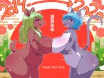  2020 5_fingers anthro bedroom_eyes big_breasts blue_hair breast_squish breasts breasts_frottage chinese_new_year domestic_pig duo english_text female female/female fingers green_hair hair half-closed_eyes holidays japanese_text kanji kemono long_hair looking_at_viewer mammal murid murine narrowed_eyes navel niku9owata nikuq_owata nude open_mouth open_smile purple_eyes rat rodent seductive smile squish suid suina sus_(pig) text tongue year_of_the_pig year_of_the_rat 