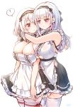  2girls ? anchor_choker apron armpits aye azur_lane bare_shoulders black_hairband breasts center_frills choker cleavage dido_(azur_lane) earrings eyebrows_visible_through_hair frilled_choker frills hairband hug hug_from_behind jewelry lace-trimmed_hairband large_breasts looking_at_another multiple_girls red_eyes short_hair sirius_(azur_lane) spoken_question_mark thighhighs waist_apron white_apron white_hair white_legwear 