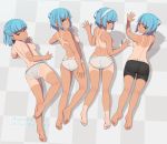  4girls :d :o absurdres ass back bangs bare_legs barefoot bike_shorts blue_hair breasts checkered checkered_floor closed_mouth english_text eyebrows_visible_through_hair from_above full_body grey_panties hairband highres hrin lace lace-trimmed_panties looking_at_viewer lying multiple_girls neyuki_rei on_floor on_stomach one-piece_tan open_mouth orange_eyes original panties pasties polka_dot polka_dot_panties short_hair short_ponytail small_breasts smile tan tanline teeth topless underwear underwear_only white_hairband yellow_eyes 