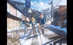  building kneehighs original scarf scenic school_uniform skirt snow umbrella yukimachi_(yuki_no_city) 