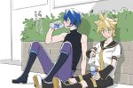  2boys bass_clef black_collar black_shorts black_sleeves blonde_hair blue_eyes blue_hair blush boots bottle bush collar detached_sleeves drinking headset highres holding holding_bottle holding_shirt kagamine_len kaito kaito_(vocaloid3) knee_boots knees_up leg_warmers male_focus multiple_boys nail_polish necktie outdoors pants pocari_sweat sailor_collar school_uniform shirt short_ponytail short_sleeves shorts sitting sleeveless sleeveless_turtleneck spiked_hair sweat translated turtleneck vocaloid white_shirt yellow_nails yellow_neckwear yuki_(tarojamg) 