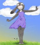  alec8ter anthro barefoot clothed clothing cloud color_edit colored davefluffy disney dress edit eyes_closed fully_clothed fur grass grey_body grey_fur judy_hopps lagomorph leporid mammal outside rabbit sky smile solo standing zootopia 