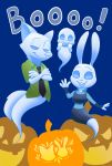  2018 anthro blue_background canid canine crossed_arms disney english_text fox ghost group halloween hi_res holidays jack-o&#039;-lantern judy_hopps lagomorph leporid mammal nick_wilde rabbit red_fox simple_background spirit takatmadisney text zootopia 