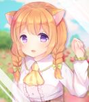  1girl :d animal_ear_fluff animal_ears ascot bangs blurry blurry_background blush bow braid brown_hair caramel_(caramelmilk) center_frills collared_shirt commentary_request depth_of_field eyebrows_visible_through_hair frills green_bow hair_bow hand_up long_sleeves looking_at_viewer open_mouth original purple_eyes shirt smile solo twin_braids upper_body white_shirt yellow_neckwear 