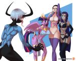  5:4 anthro big_breasts bra breasts cleavage clothed clothing dc_comics equid female friendship_is_magic garter_straps group hi_res horn horny_graphite hornygraphite human mammal monster my_little_pony nico_robin one_piece panties raven_(dc) sharp_teeth teeth tongue tongue_out twilight_sparkle_(mlp) underwear winged_unicorn wings 