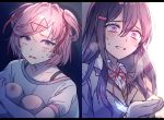  2girls aicedrop bangs bruise constricted_pupils doki_doki_literature_club hair_between_eyes hair_ornament hair_ribbon hairclip heavy_breathing injury knife leg_hug letterboxed long_hair multiple_girls natsuki_(doki_doki_literature_club) parted_lips pink_eyes pink_hair purple_eyes purple_hair red_ribbon ribbon scared school_uniform scratches self_harm short_hair smile spoilers sweat tears two_side_up wrist_cutting yuri_(doki_doki_literature_club) 