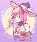  1girl adapted_costume aicedrop alternate_eye_color bare_shoulders blue_eyes blush cropped_torso doki_doki_literature_club hair_ornament hair_ribbon hairclip happy_halloween hat heart long_sleeves looking_at_viewer natsuki_(doki_doki_literature_club) o3o off_shoulder pink_hair red_ribbon ribbon short_hair solo spoken_heart star two_side_up wand witch_hat 
