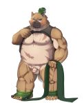  2020 7575el anthro balls belly blush canid canine canis censored clothed clothing domestic_dog flaccid genitals hi_res humanoid_hands humanoid_penis kemono male mammal moobs nipples open_shirt overweight overweight_male penis shirt simple_background solo tokyo_afterschool_summoners topwear video_games white_background yasuyori 