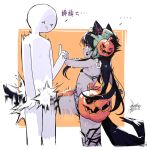  1boy 1girl anger_vein animal_ears bandages black_hair boots bra crotch_kick ejami ekko_(ejami) flat_chest fox_ears fox_girl fox_tail frankenstein&#039;s_monster halloween halloween_costume high_heel_boots high_heels long_hair original panties pumpkin purple_skin sweat tail underwear 