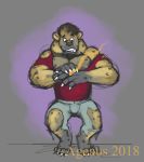  ageaus anthro artifact clothing forebucks forepawz gnoll hyaenid male mammal ring simple_background solo torn_clothing transformation 
