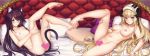  2girls animal_ears arknights blonde_hair blue_eyes breasts cat_ears cat_tail censored heart heart_censor horns long_hair melantha multiple_girls nightingale_(arknights) nude pillow purple_eyes purple_hair small_breasts tail thighs yuli_you_gua 