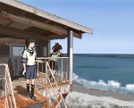  2girls beach black_hair black_legwear blue_sailor_collar blue_skirt blue_sky brown_eyes brown_hair brown_sailor_collar brown_skirt commentary_request gradient_sky highres horizon house kantai_collection kneehighs kuragare miyuki_(kantai_collection) multiple_girls ocean pleated_skirt ponytail railing sailor_collar scenery school_uniform serafuku shikinami_(kantai_collection) short_hair skirt sky stairs standing waves 