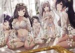  5girls backlighting bandages bangs bare_shoulders black_hair blue_eyes blush bra breasts brown_eyes brown_hair cleavage closed_mouth collared_shirt commentary_request curtains diagonal_bangs dress_shirt flower grey_hair head_wreath high_ponytail highres idolmaster idolmaster_shiny_colors kneeling large_breasts long_hair looking_at_viewer mitsumine_yuika multiple_girls navel open_clothes open_mouth open_shirt panties ponytail purple_eyes purple_hair shirase_sakuya shirt sidelocks small_breasts smile sonsoso swept_bangs tanaka_mamimi thighs tsukioka_kogane twintails underwear white_bra white_panties white_shirt window yellow_eyes yuukoku_kiriko 