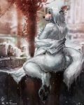  ambiguous_gender anthro black_pawpads blush butt canid canine canis fossa666 fur hair hi_res long_hair looking_back mammal mostly_nude outside pawpads pinup pose rear_view red_eyes sitting snow solo tree wet wet_body wet_fur wet_hair whiskers white_body white_fur white_hair wolf 