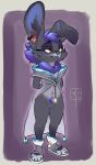  2020 anthro black_body black_fur bottomless brown_eyes clothed clothing eyewear female footwear fur genitals glasses hair hi_res lagomorph leporid mammal navel paws purple_hair pussy rabbit reign-2004 simple_background solo standing 