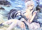  1girl absurdres apron azur_lane bangs beach belfast_(azur_lane) blue_eyes braid breasts bubble chain_necklace cleavage collar collarbone corset eyebrows_visible_through_hair french_braid frilled_apron frilled_gloves frills gauntlets gloves hair_between_eyes highres huge_filesize large_breasts long_hair looking_at_viewer machinery maid maid_apron maid_headdress ocean open_mouth side_braid sitting smoke solo stone thighhighs torn_clothes torn_legwear turret waist_apron white_apron white_hair white_legwear yano_mitsuki 