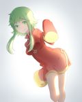  1girl absurdres china_dress chinese_clothes commentary dress feet_out_of_frame green_eyes green_hair gumi hand_up highres leaning_forward leg_up looking_at_viewer red_dress short_hair short_hair_with_long_locks sidelighting simple_background sleeves_past_fingers sleeves_past_wrists smile solo vignetting vocaloid zhi_(yammycheese) 