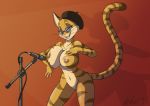  2019 anthro areola breasts celine_(vinfox) domestic_cat eyewear felid feline felis female genitals glasses hi_res mammal microphone navel nipples open_mouth open_smile pussy shadow smile solo stripes teeth tongue vinfox whiskers 