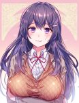  1girl :3 aicedrop arms_under_breasts bangs blush breasts doki_doki_literature_club eyebrows_visible_through_hair hair_between_eyes hair_ornament hairclip heart heart_in_eye jacket large_breasts long_hair long_sleeves looking_at_viewer open_clothes open_jacket orange_vest purple_eyes purple_hair school_uniform shirt smile solo sweat symbol_in_eye upper_body white_shirt wing_collar yuri_(doki_doki_literature_club) 