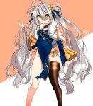  1girl alternate_costume alternate_hairstyle artist_request asymmetrical_legwear blue_dress breasts character_name china_dress chinese_clothes cleavage commentary_request dress girls_frontline highres korean_commentary long_hair pkp_(girls_frontline) silver_hair solo thighhighs twintails yellow_eyes 