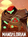  1girl alien cloak copyright_name hand_cannon helmet highres holding metroid metroid_(creature) parody power_suit rariatto_(ganguri) samus_aran star_wars sun sunset the_mandalorian 