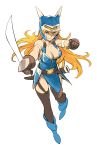  1girl bangs black_gloves black_legwear blonde_hair blue_armor blue_footwear blue_headwear boots breasts brown_eyes closed_mouth commentary daisy_(dq) dragon_quest dragon_quest_yuusha_abel_densetsu full_body gloves helmet high_heel_boots high_heels holding holding_sword holding_weapon horned_helmet long_hair looking_at_viewer medium_breasts nishieda scabbard scimitar sheath simple_background smile solo standing standing_on_one_leg sword thighhighs weapon white_background 