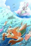  2019 bubble canid canine cetacean cloud delphinoid detailed_background disney duo_focus fish fox fur grey_body grey_fur group judy_hopps lagomorph leporid light mammal marine nick_wilde open_mouth open_smile orange_body orange_fur outside rabbit red_fox sea sky smile sunlight swimming takatmadisney toothed_whale water zootopia 