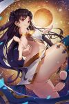  1girl armlet ass asymmetrical_legwear asymmetrical_sleeves back bangs bare_shoulders black_bow black_hair bow breasts closed_mouth detached_collar earrings fate/grand_order fate_(series) hair_bow heavenly_boat_maanna hoop_earrings ishtar_(fate)_(all) ishtar_(fate/grand_order) jewelry long_hair looking_at_viewer medium_breasts neck_ring parted_bangs pelvic_curtain planet pointing pointing_at_viewer red_eyes single_sleeve single_thighhigh smile solo soranoslayers star_(sky) thighhighs thighlet thighs tiara toeless_legwear two_side_up venus_(planet) weapon 