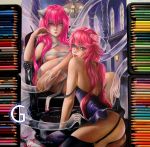  2girls absurdres ass bandages barefoot blondynkitezgraja breasts color_connection colored_pencil_(medium) eyelashes gasai_yuno graphite_(medium) hair_color_connection highres lips lipstick looking_at_viewer lucy_(elfen_lied) makeup multiple_girls photo pink_eyes pink_hair signature sitting traditional_media vectors window 
