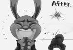  2019 anthro canid canine carrot disney duo eating eyes_closed food fox greyscale holding_food holding_object judy_hopps lagomorph leporid mammal monochrome nick_wilde plant rabbit red_fox smile vegetable zootopia もだな 