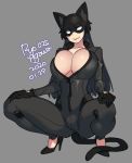  1girl agawa_ryou animal_ears black_bodysuit black_hair bodysuit breasts cat_ears cat_tail cleavage commentary dated grey_background high_heels huge_breasts lips long_hair looking_at_viewer mask original signature simple_background smile solo squatting tail 