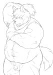  2020 anthro armpit_hair balls belly body_hair canid canine canis clothing domestic_dog flaccid genitals hi_res humanoid_hands humanoid_penis kemono male mammal okoge_16 overweight overweight_male penis scar shirt simple_background small_penis solo tokyo_afterschool_summoners topwear video_games white_background yasuyori 