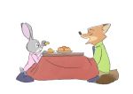  2019 anthro bottomwear brown_body brown_fur canid canine clothed clothing disney duo eyes_closed food fox fruit fully_clothed fur furniture grey_body grey_fur holding_food holding_object judy_hopps lagomorph leporid mammal necktie nick_wilde open_mouth orange_(fruit) pants plant rabbit red_fox shirt side_view sitting table takatmadisney topwear zootopia 