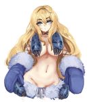  1girl :/ bangs barbariank blonde_hair blue_eyes blush breasts commentary cowboy_shot english_commentary eyebrows_visible_through_hair frown fur-trimmed_mittens fur_trim groin hair_between_eyes large_breasts long_hair mittens monster_girl_encyclopedia navel selkie_(monster_girl_encyclopedia) simple_background solo stomach v-shaped_eyebrows white_background 