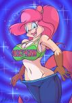  2019 anthro blue_bottomwear blue_clothing blue_eyes bottomwear breasts cleavage clothed clothing eyebrows female green_clothing green_topwear hair hi_res looking_at_viewer mammal midriff navel nipple_outline open_mouth open_smile pink_eyebrows pink_hair pink_nose pink_tongue ring smile solo teeth tongue topwear vinfox 
