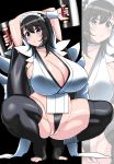  1girl arms_up black_eyes black_hair black_legwear breasts cleavage commentary_request curvy dual_wielding highres holding huge_breasts iroha_(samurai_spirits) komusou_(jinrikisha) long_hair looking_at_viewer parted_lips raised_eyebrows samurai_spirits sideboob solo squatting thick_thighs thighhighs thighs zoom_layer 