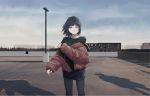  black_hair building gray_eyes kgt_(pixiv12957613) original rooftop scenic short_hair 