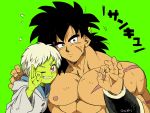  1boy 1girl :/ ;) abs artist_name black_hair blue_eyes blush broly_(dragon_ball_super) buttons cheelai chest_scar clenched_teeth coat commentary_request dark_skin dark_skinned_male dragon_ball dragon_ball_super_broly eyelashes facial_scar fingernails flying_sweatdrops green_background green_skin grey_coat grin hand_on_another&#039;s_head hand_on_another&#039;s_shoulder hood hood_down hooded_coat long_sleeves looking_at_viewer medium_hair messy_hair muscle nervous ok_sign one_eye_closed outsuki pectorals purple_eyes scar scar_on_cheek shaded_face shirtless short_hair side-by-side simple_background smile speed_lines sweatdrop teeth translation_request upper_body v-shaped_eyebrows very_short_hair white_hair wristband 