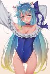  1girl absurdres ahoge alternate_costume animal_ear_fluff animal_ears bangs bare_shoulders blue_choker blue_hair blue_ribbon blue_swimsuit blush breasts cat_ears character_request choker cleavage collarbone commentary_request cosplay covered_navel eyebrows_visible_through_hair fate/grand_order fate_(series) hair_ornament hair_ribbon highres jmao large_breasts long_hair looking_at_viewer meltryllis meltryllis_(swimsuit_lancer)_(fate) meltryllis_(swimsuit_lancer)_(fate)_(cosplay) multicolored_hair ribbon simple_background sleeves_past_wrists solo star star_hair_ornament swimsuit two-tone_hair white_background 