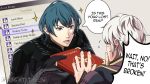  2girls amazingartistyellow arm_guards armor artist_name blue_eyes blue_hair book byleth_(fire_emblem) byleth_(fire_emblem)_(male) english_text fire_emblem fire_emblem:_three_houses fire_emblem_awakening flying_sweatdrops gameplay_mechanics hands_up highres holding holding_book looking_at_another male_focus multiple_girls open_mouth pink_background robin_(fire_emblem) robin_(fire_emblem)_(male) shoulder_armor silver_hair simple_background sparkle speech_bubble super_smash_bros. sweatdrop upper_body v-shaped_eyebrows 