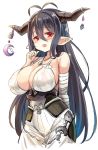  1girl antenna_hair bandaged_arm bandages black_gloves black_hair breasts cleavage crescent danua draph dress fang gloves granblue_fantasy hair_between_eyes highres horn_ornament horns jewelry large_breasts long_hair necklace pointy_ears red_eyes unname white_dress 