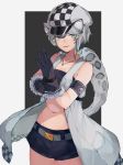  1girl absurdres animal_ear_fluff animal_ears arknights bangs bare_shoulders black_gloves cliffheart_(arknights) commentary_request denim denim_shorts fur_trim gloves hair_between_eyes hat highres hiiragi_mikoto leopard_ears leopard_tail looking_at_viewer navel short_hair short_shorts shorts silver_hair smile solo tail 