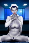  blood blue_hair bodily_fluids breasts extro female genitals hair hi_res humanoid mostly_nude nipples pussy sitting solo vampire 