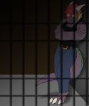  absurd_res anthro arrested bars behind_bars biceps cell claws clothed clothing dark demon digital_media_(artwork) dragon enticing glowing glowing_eyes hi_res locked_up loki_rel_zephyr looking_at_viewer male muscular muscular_male prison slushee. solo standing 