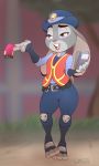  2019 blurred_background buckteeth clothed clothing disney fully_clothed fur grey_body grey_fur gunmouth hat headgear headwear holding_object judy_hopps lagomorph leporid mammal open_mouth open_smile pink_nose purple_eyes rabbit safety_vest smile standing teeth zootopia 