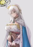  1girl anastasia_(fate/grand_order) blue_eyes breasts cape doll dress fate/grand_order fate_(series) food fried_rice hairband highres jewelry large_breasts long_hair pendant silver_hair spoon strapless strapless_dress thought_bubble tsudzuki_yoshio 
