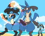  animal_genitalia animal_penis anthro aura balls beach black_body black_fur blue_body blue_fur canine_penis covering covering_crotch erection eroborus fur genitals hi_res knot lucario male nintendo nude penile penis pok&eacute;mon pok&eacute;mon_(species) red_eyes riolu seaside sheath surprise video_games water wide-eyed yellow_body yellow_fur 